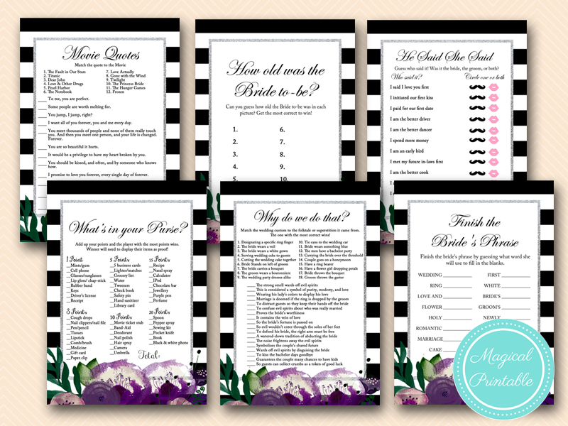 purple floral and silver bridal shower games pack printable bs181